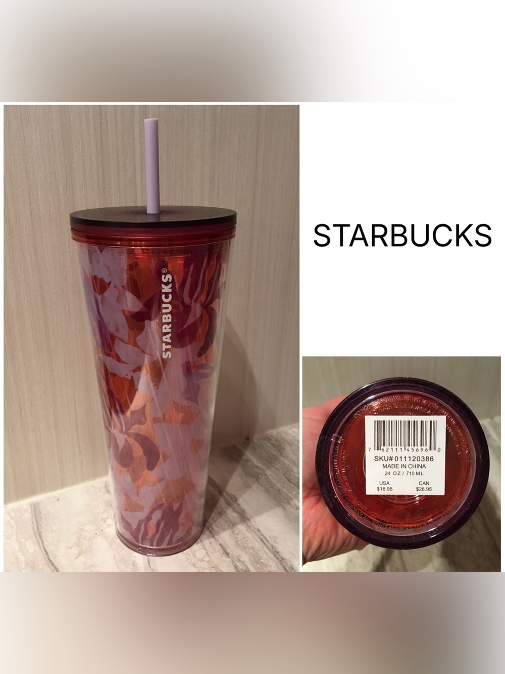 STARBUCKS - NWT - PINK / PURPLE FLORAL 24OZ COLD CUP TUMBLER